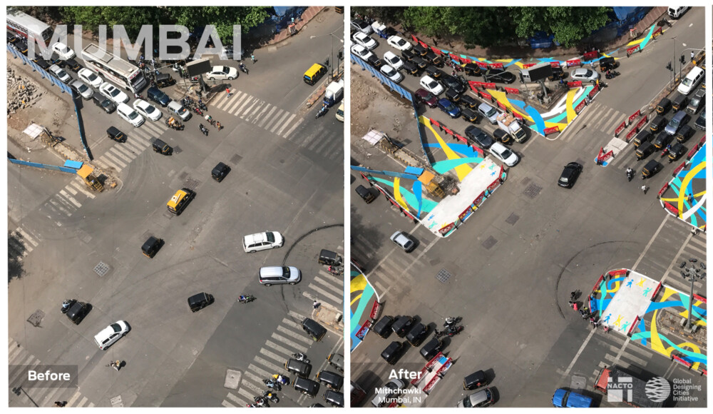Image of a large intersection turned into a safer space for pedestrians