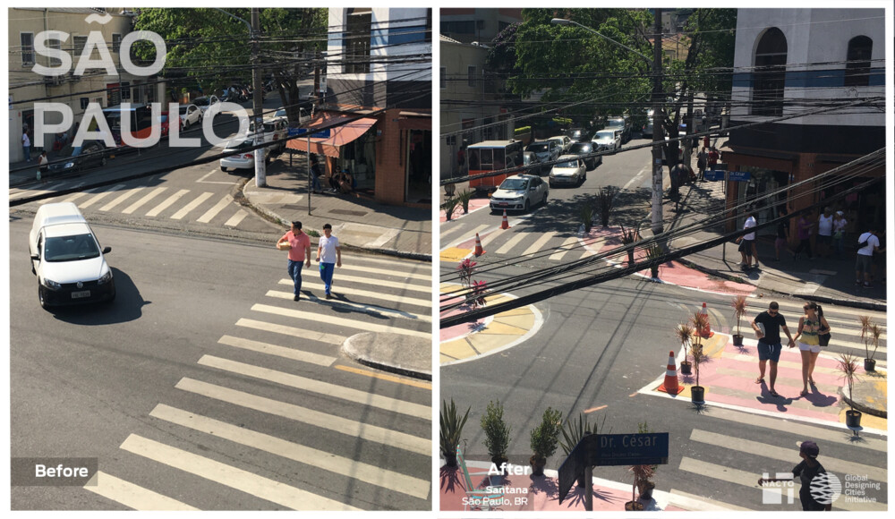 Image of an unsafe roundabout turned into a safer space for pedestrians